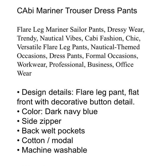 CAbi Mariner Trouser Dress Pants Size 4 Sailor Buttons Side Zip Stretch Navy - Picture 10 of 11
